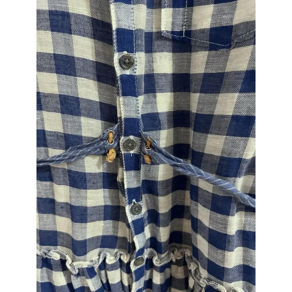 Free People Blue White Gingham Check Button Up Peplum Waist Top S Linen Blend